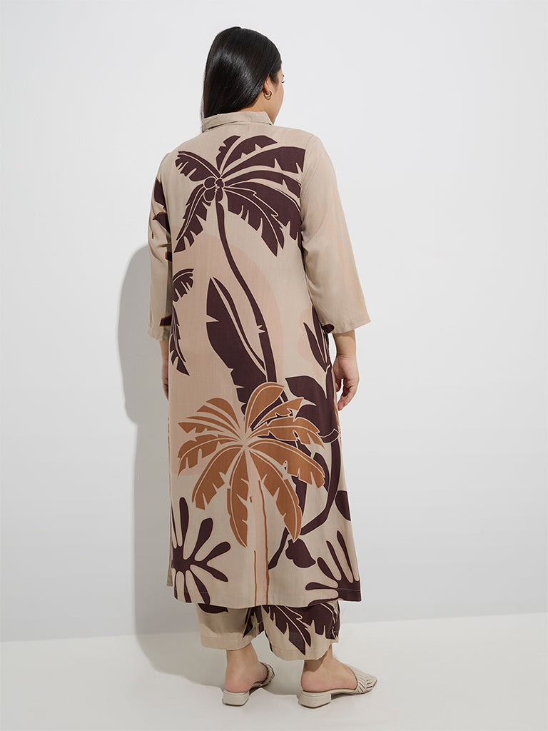 Diza Beige Tropical Design A-Line Cotton Kurta - Image 4