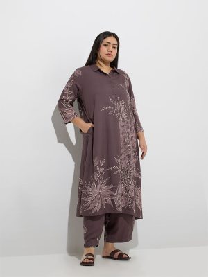 Diza Dark Brown Foliage Detailed A-Line Kurta