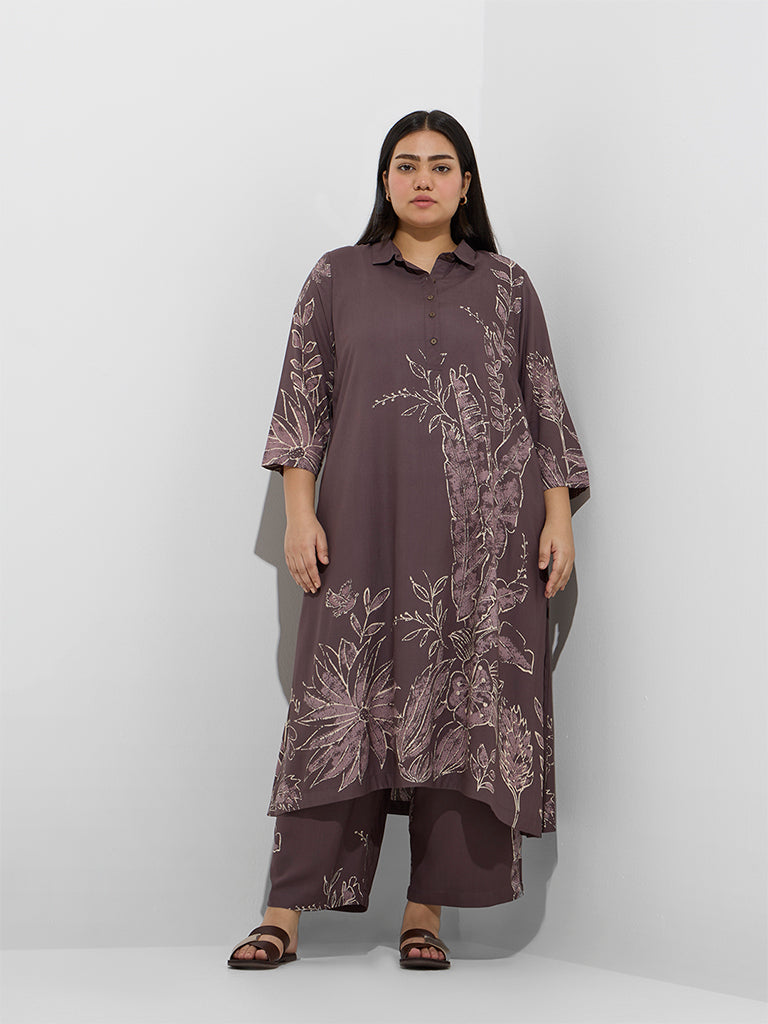 Diza Dark Brown Foliage Detailed A-Line Kurta - Image 2