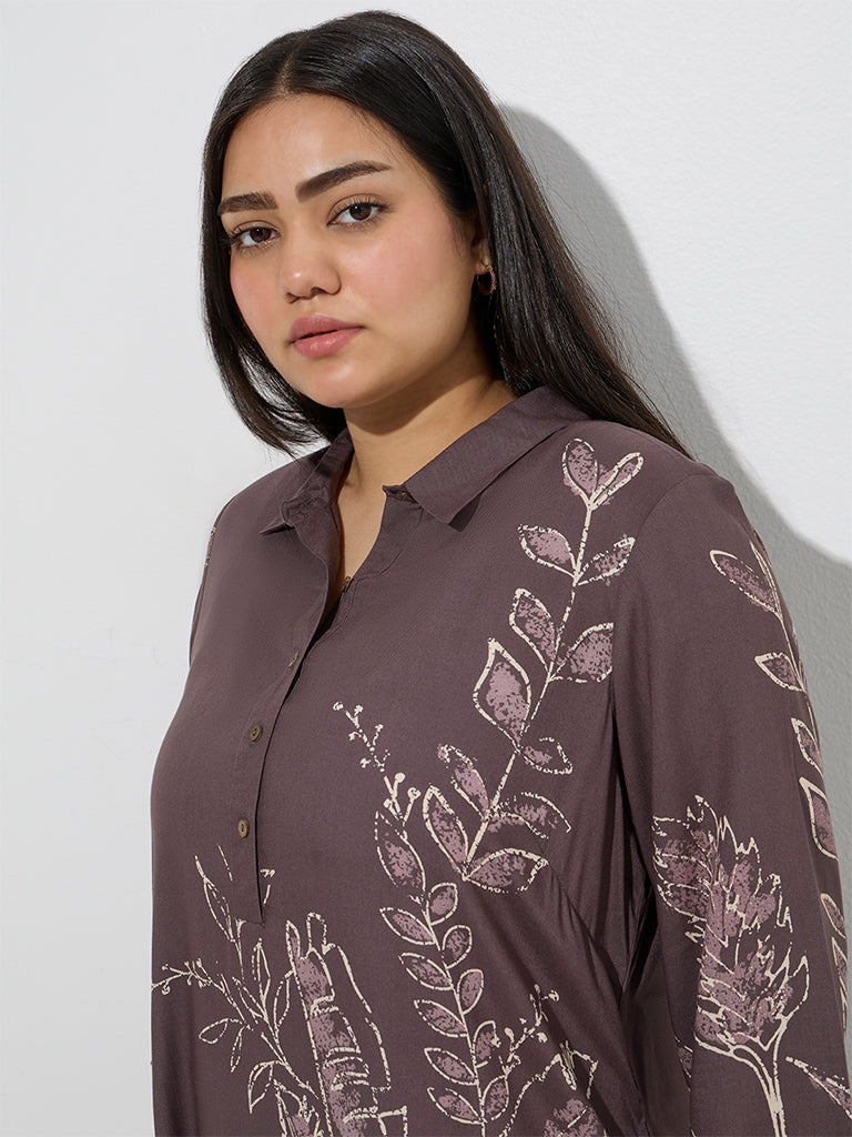 Diza Dark Brown Foliage Detailed A-Line Kurta - Image 3
