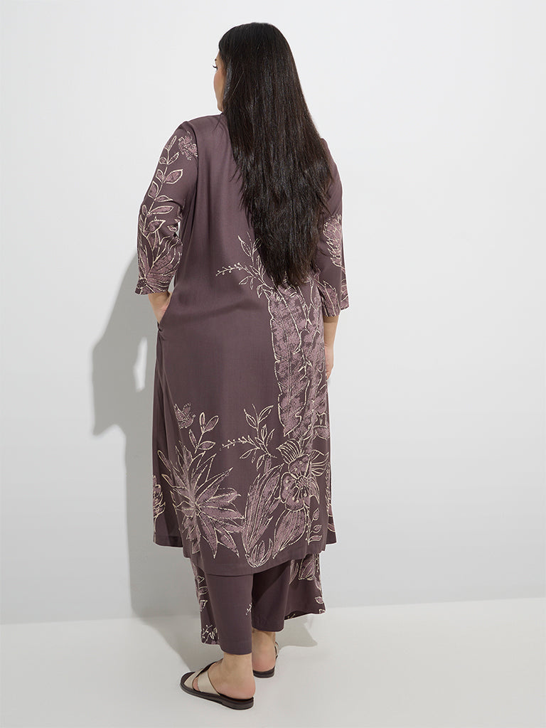 Diza Dark Brown Foliage Detailed A-Line Kurta - Image 4