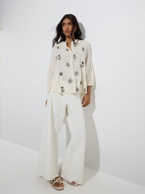 Utsa Off-White Floral Embroidered Cotton Tunic