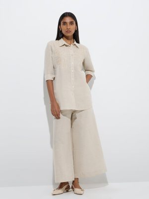 Zuba Beige Solid Linen-Blend Palazzos