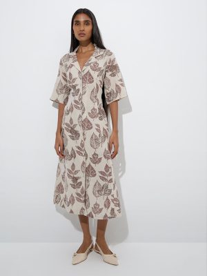 Zuba Beige Leaf Design Linen-Blend Shirt Dress