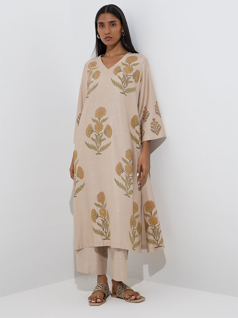 Zuba Yellow Floral Patterned A-Line Kurta