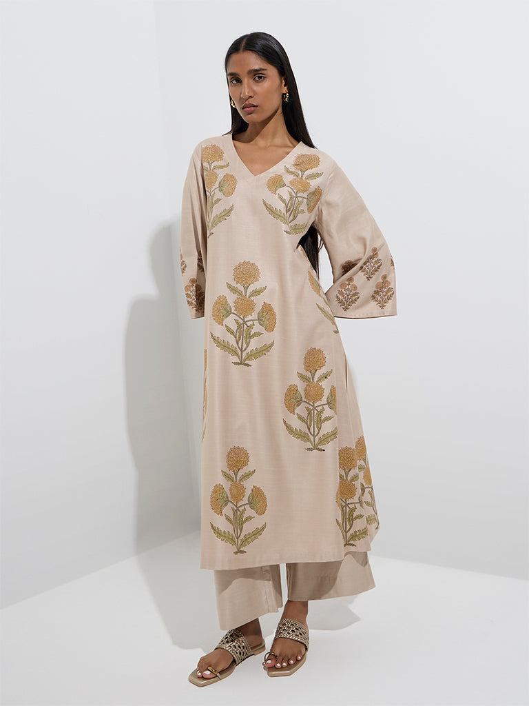 Zuba Yellow Floral Patterned A-Line Kurta - Image 2