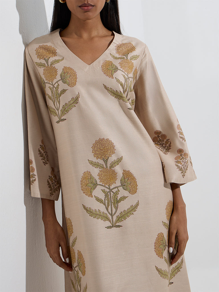 Zuba Yellow Floral Patterned A-Line Kurta - Image 3