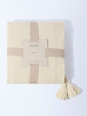 Westside Home Beige Knit-Textured Single Bed Throw