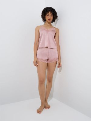 Wunderlove Dusty Pink Lace-Detailed Satin Shorts