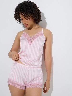 Wunderlove Pink Striped Lace-Detailed Satin Camisole