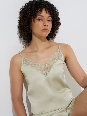 Wunderlove Green Lace-Detailed Satin Camisole