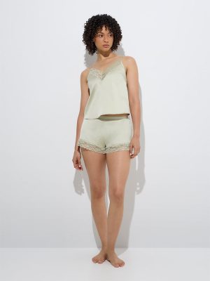 Wunderlove Green Lace-Detailed Satin Shorts