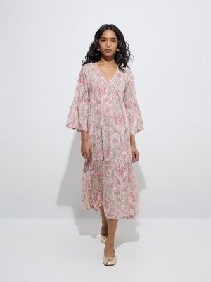 Utsa Peach Foliage Printed Cotton Tiered Dress