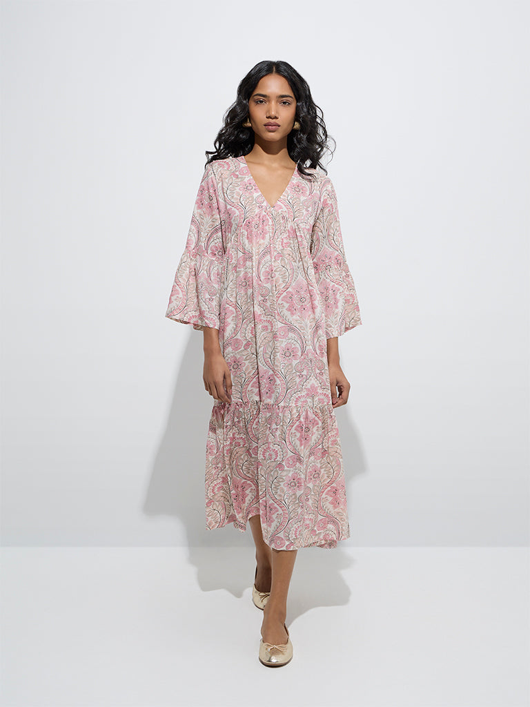 Utsa Peach Foliage Printed Cotton Tiered Dress