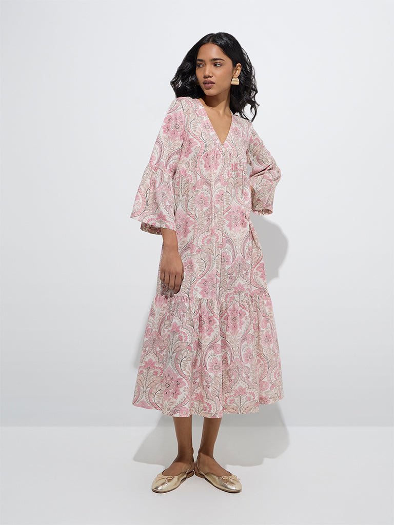 Utsa Peach Foliage Printed Cotton Tiered Dress - Image 2