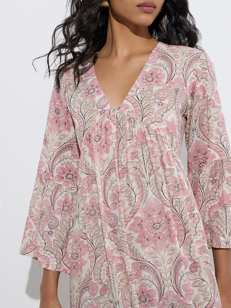 Utsa Peach Foliage Printed Cotton Tiered Dress - Image 3