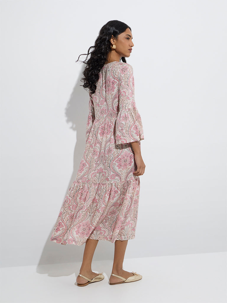 Utsa Peach Foliage Printed Cotton Tiered Dress - Image 4