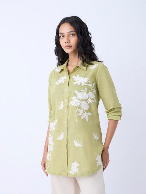 Utsa Lime Floral Embroidered Cotton Ethnic Tunic