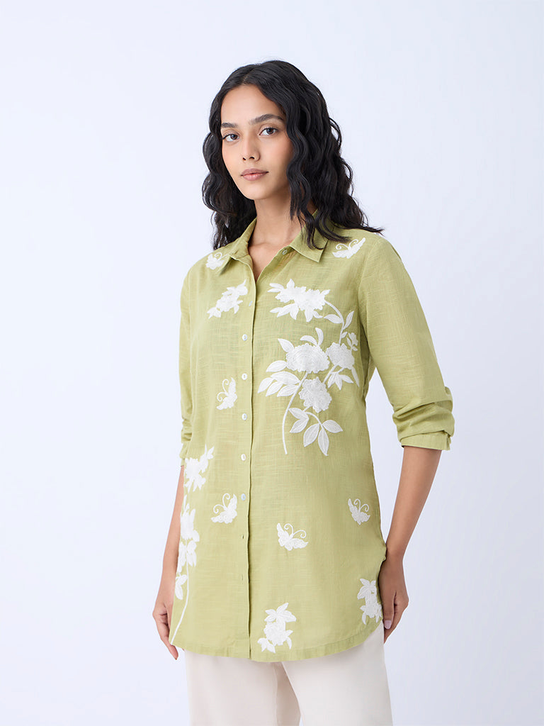 Utsa Lime Floral Embroidered Cotton Ethnic Tunic