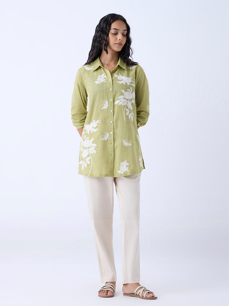 Utsa Lime Floral Embroidered Cotton Ethnic Tunic - Image 2