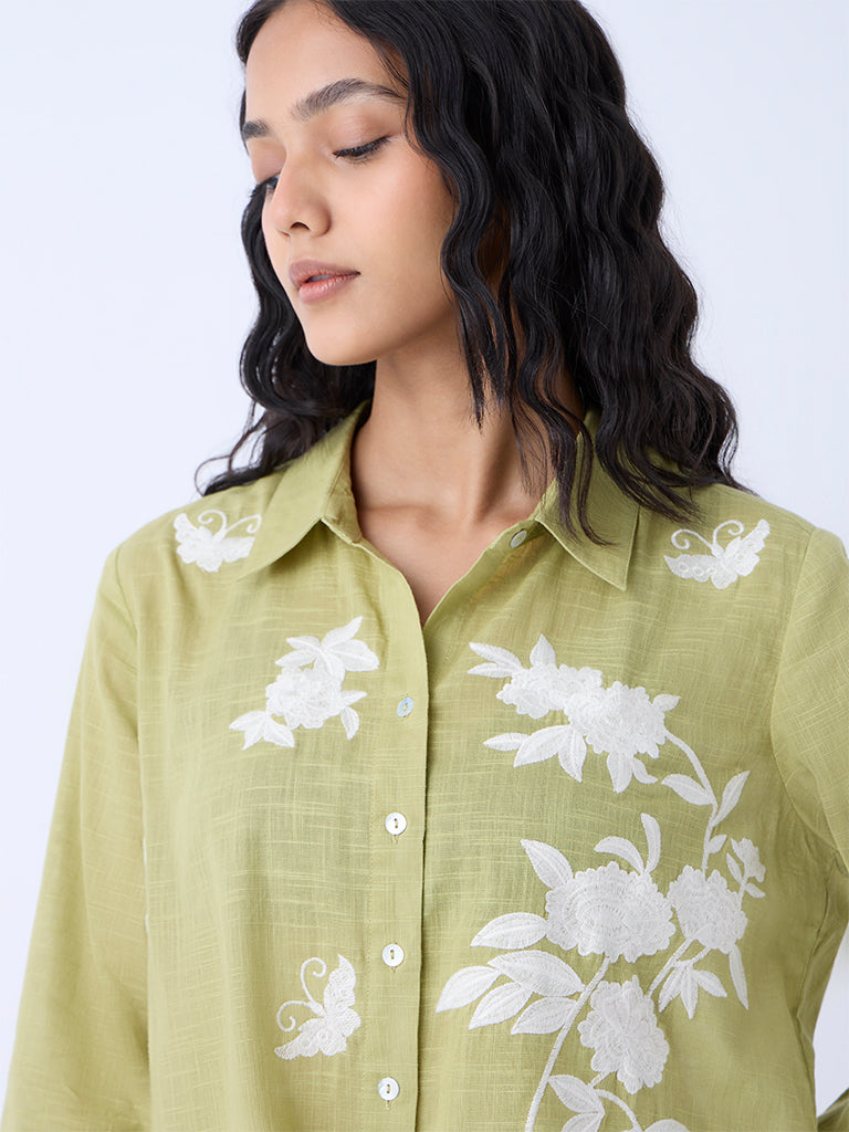 Utsa Lime Floral Embroidered Cotton Ethnic Tunic - Image 3