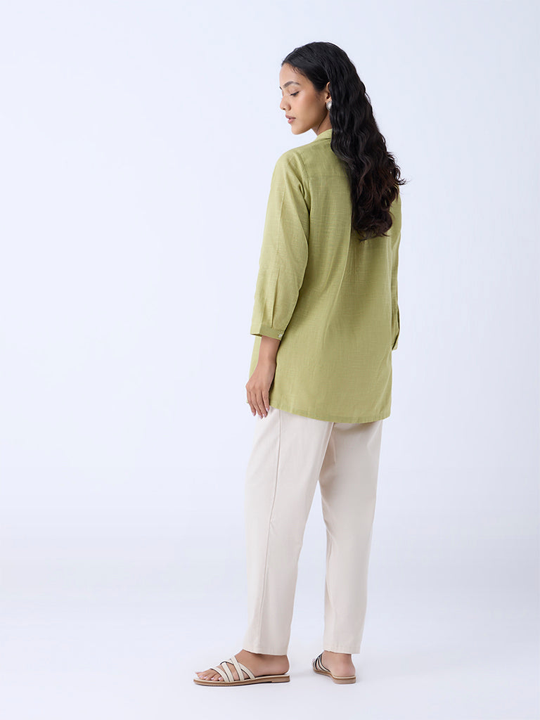 Utsa Lime Floral Embroidered Cotton Ethnic Tunic - Image 4