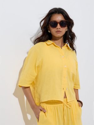 Wunderlove Yellow Crinkle-Textured Cotton Beach Shirt