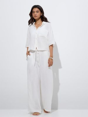 Wunderlove White Crinkle-Textured Cotton Beach Shirt