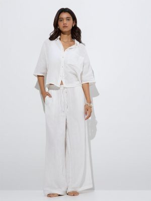 Wunderlove White Crinkle High-Rise Cotton Beach Pants