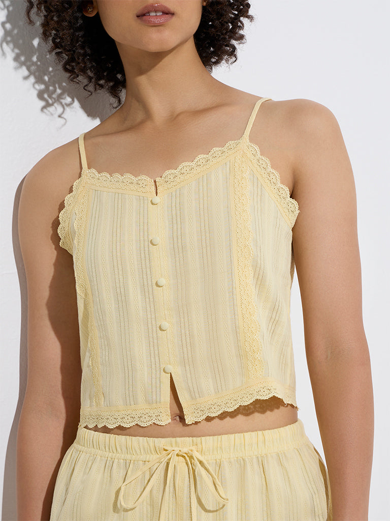 Wunderlove Yellow Lace-Detailed Cotton Camisole - Image 3