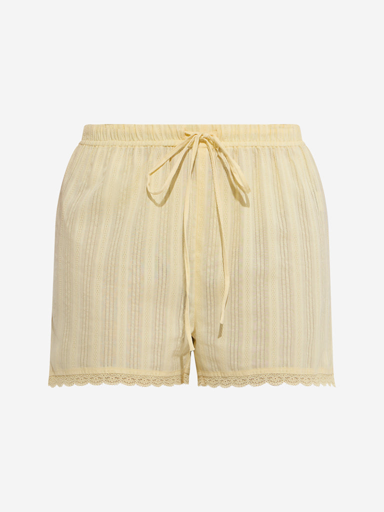 Wunderlove Yellow Lace-Detailed High-Rise Cotton Shorts - Image 5