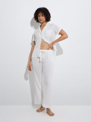 Wunderlove White Swiss-Dot Cotton Shirt with Pyjamas Set