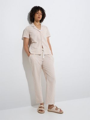Wunderlove Beige Striped Cotton Shirt and Pyjamas Set