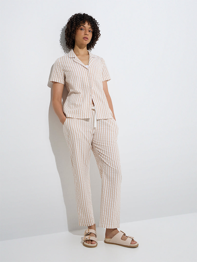 Wunderlove Beige Striped Cotton Shirt and Pyjamas Set