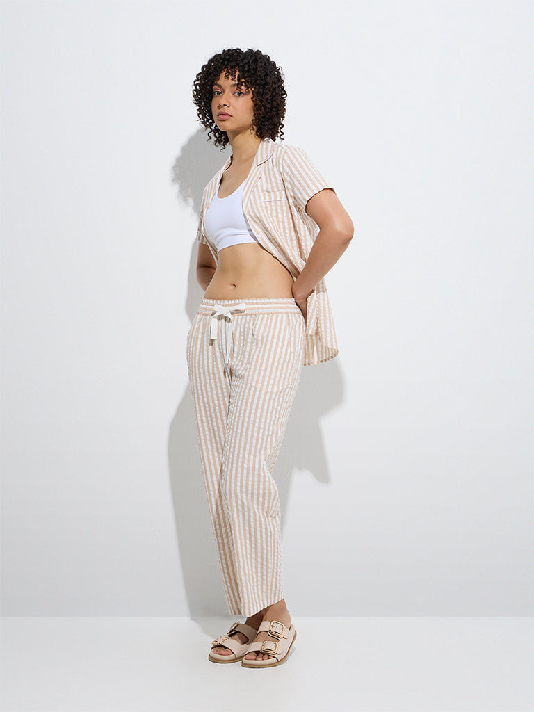 Wunderlove Beige Striped Cotton Shirt and Pyjamas Set - Image 2