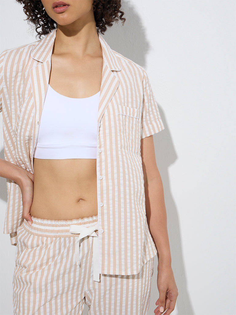 Wunderlove Beige Striped Cotton Shirt and Pyjamas Set - Image 3