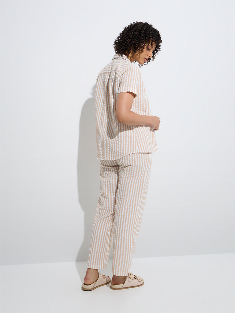 Wunderlove Beige Striped Cotton Shirt and Pyjamas Set - Image 4