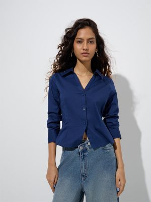 Nuon Navy Solid Cotton-Blend Shirt