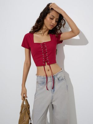 Nuon Red Criss-Cross Detailed Ribbed Top