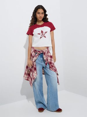 Nuon Maroon Printed Cotton T-Shirt