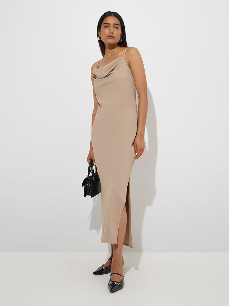 Wardrobe Beige Cowl Neck Straight Dress
