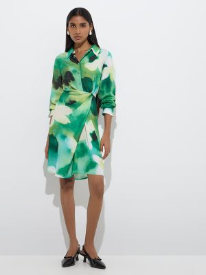 Wardrobe Green Abstract Pattern Wrap Dress