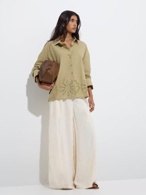 LOV Khaki Schiffli Detailed Cotton Shirt