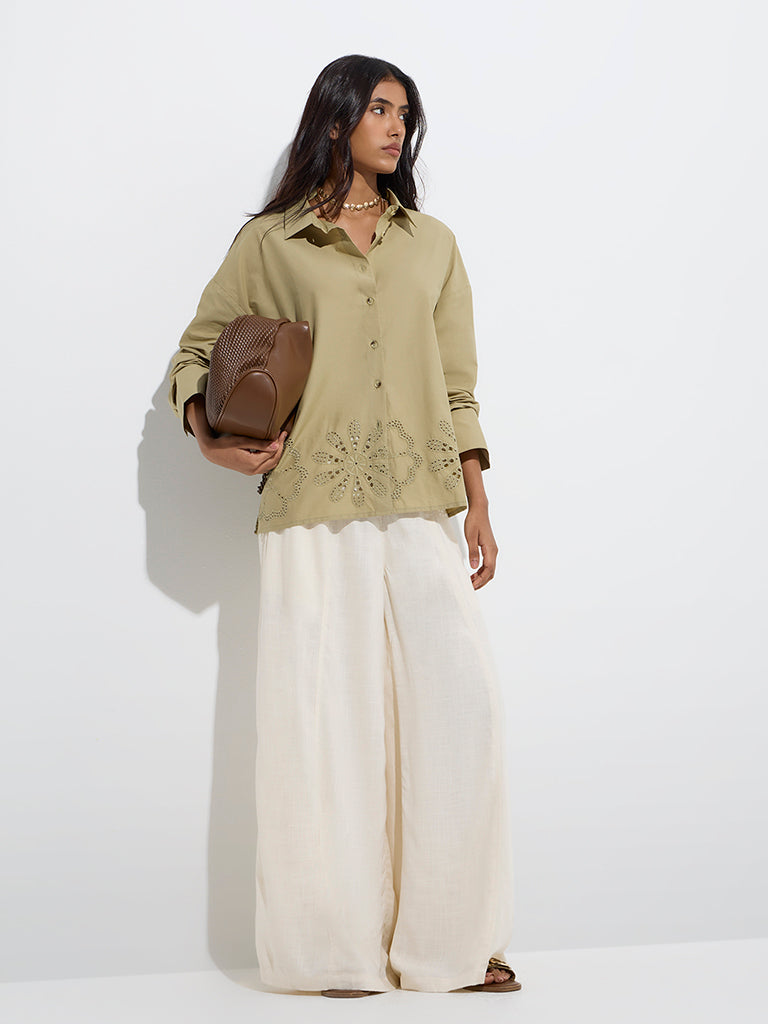 LOV Khaki Schiffli Detailed Cotton Shirt
