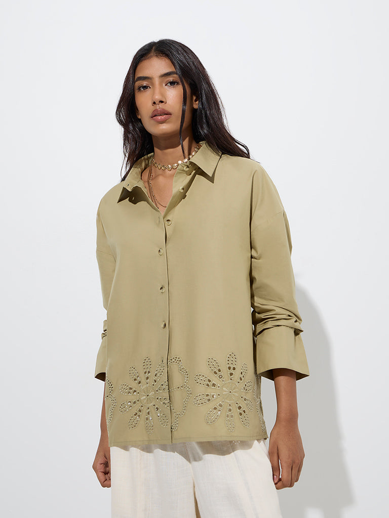 LOV Khaki Schiffli Detailed Cotton Shirt - Image 2
