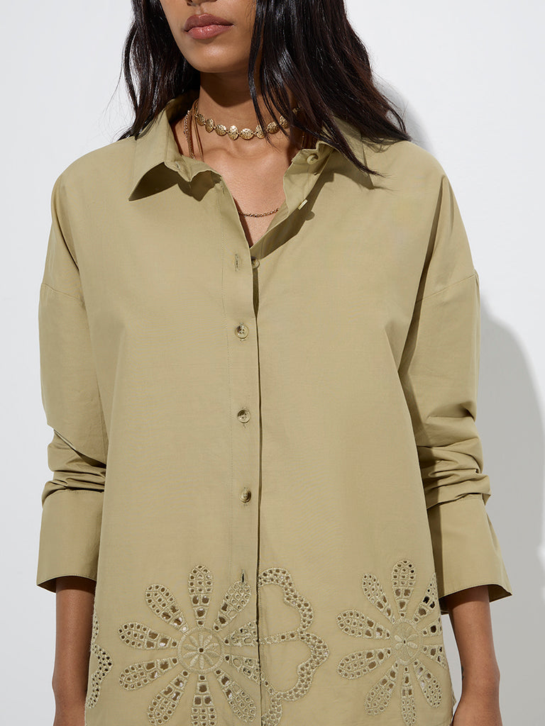 LOV Khaki Schiffli Detailed Cotton Shirt - Image 3