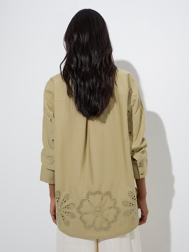 LOV Khaki Schiffli Detailed Cotton Shirt - Image 4
