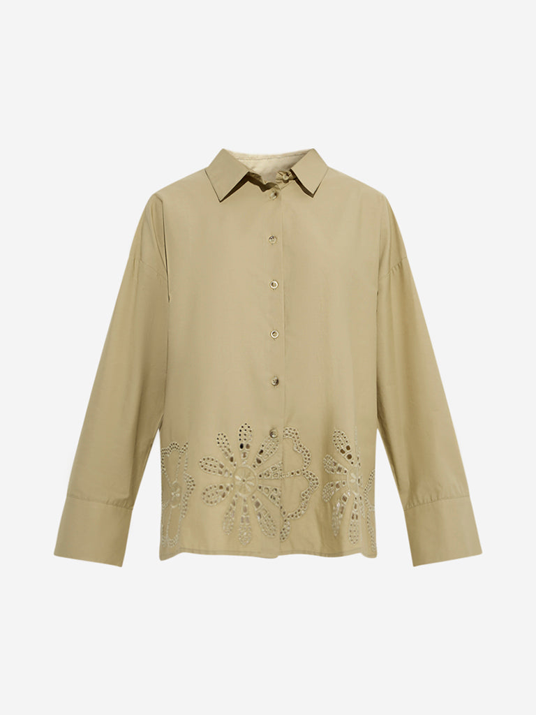 LOV Khaki Schiffli Detailed Cotton Shirt - Image 5