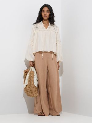 LOV Off-White Self-Striped Cotton Top