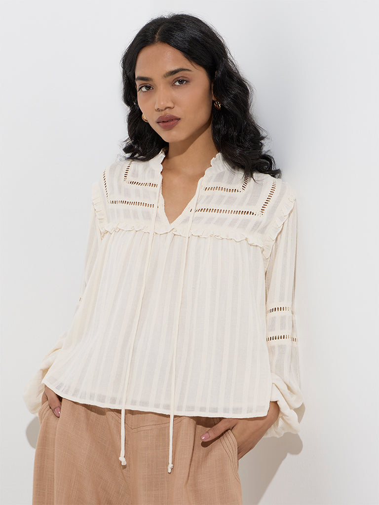 LOV Off-White Self-Striped Cotton Top - Image 2